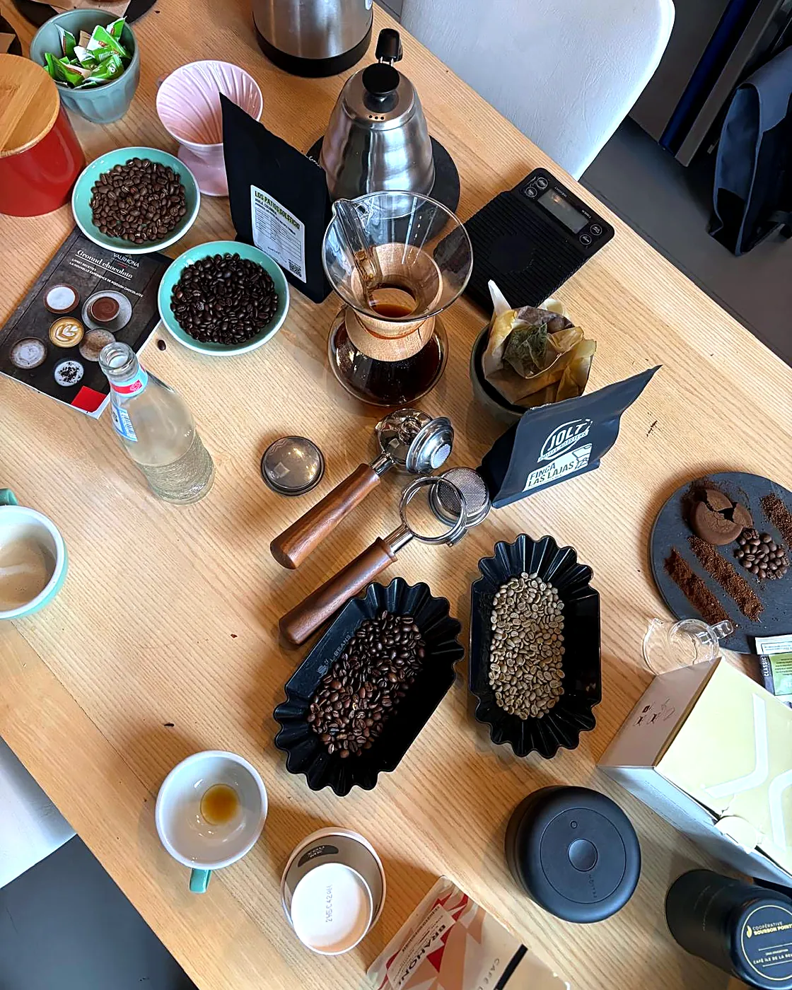 A brewing and tasting flat lay from above