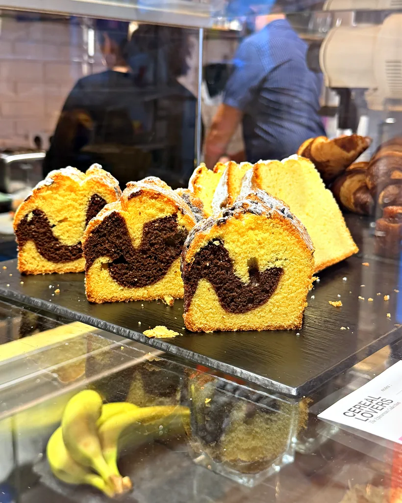 Slices of marble cake in the case